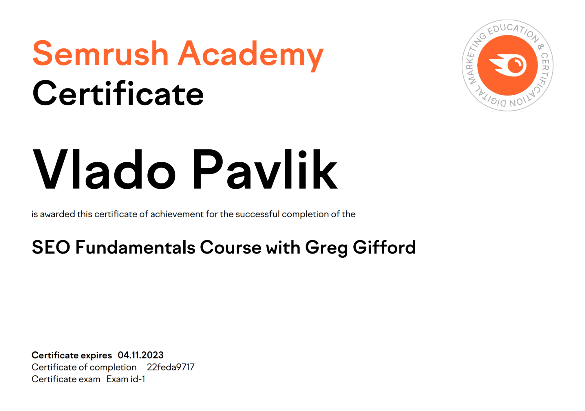 certificat d'académie semrush