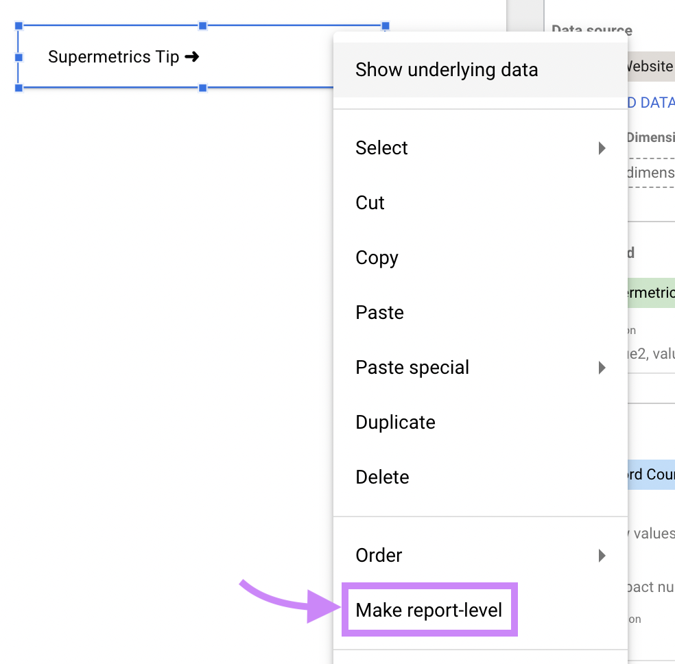 Navegando até o botão "Make report-level" (Criar nível de relatório)