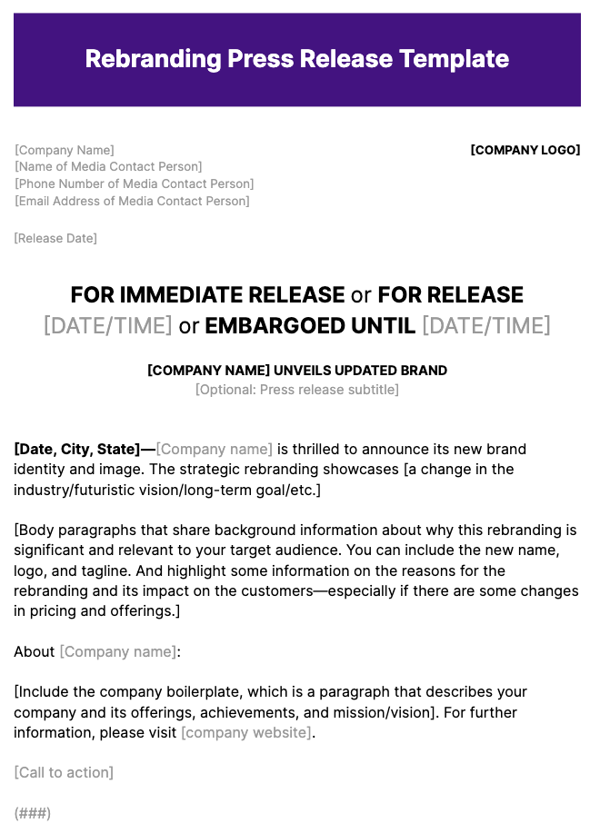 Plantilla de Comunicado de Prensa de Rebranding