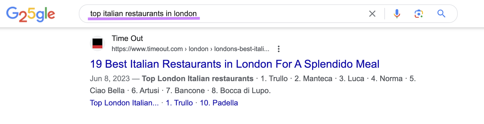 El artículo de Time Out es el primer resultado de Google para "los mejores restaurantes italianos de Londres".
