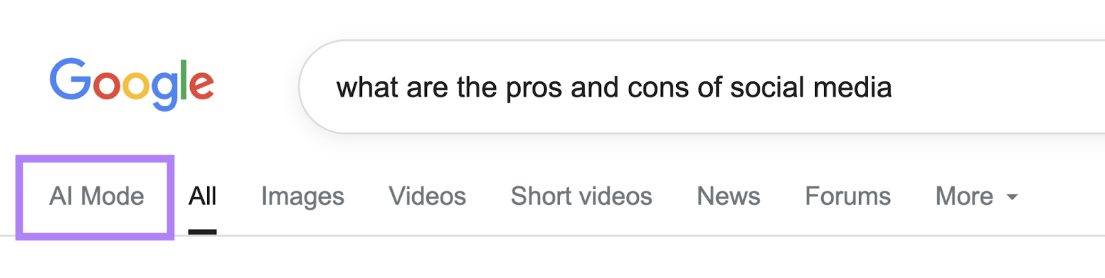 O Modo IA aparece em primeiro lugar na barra de navegação dos resultados de pesquisa.