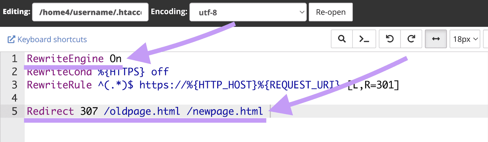 Adding the redirect code to the .htaccess file