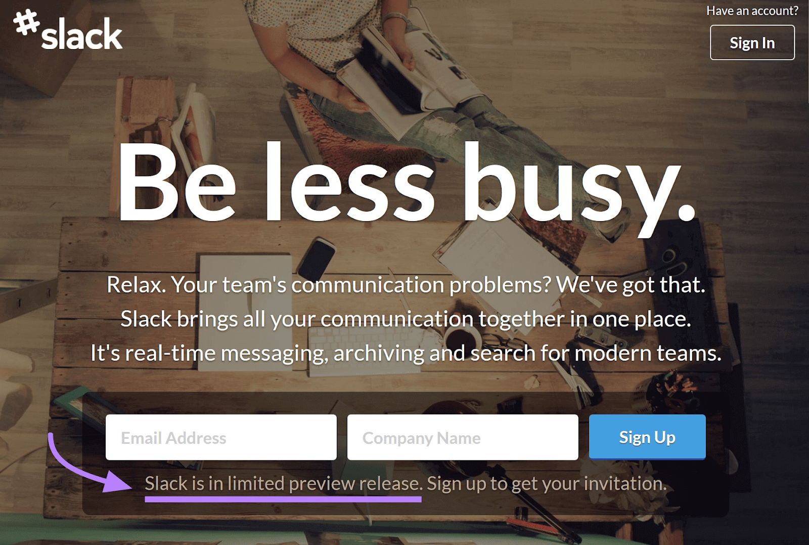 Page d'atterrissage de l'événement de lancement de Slack
