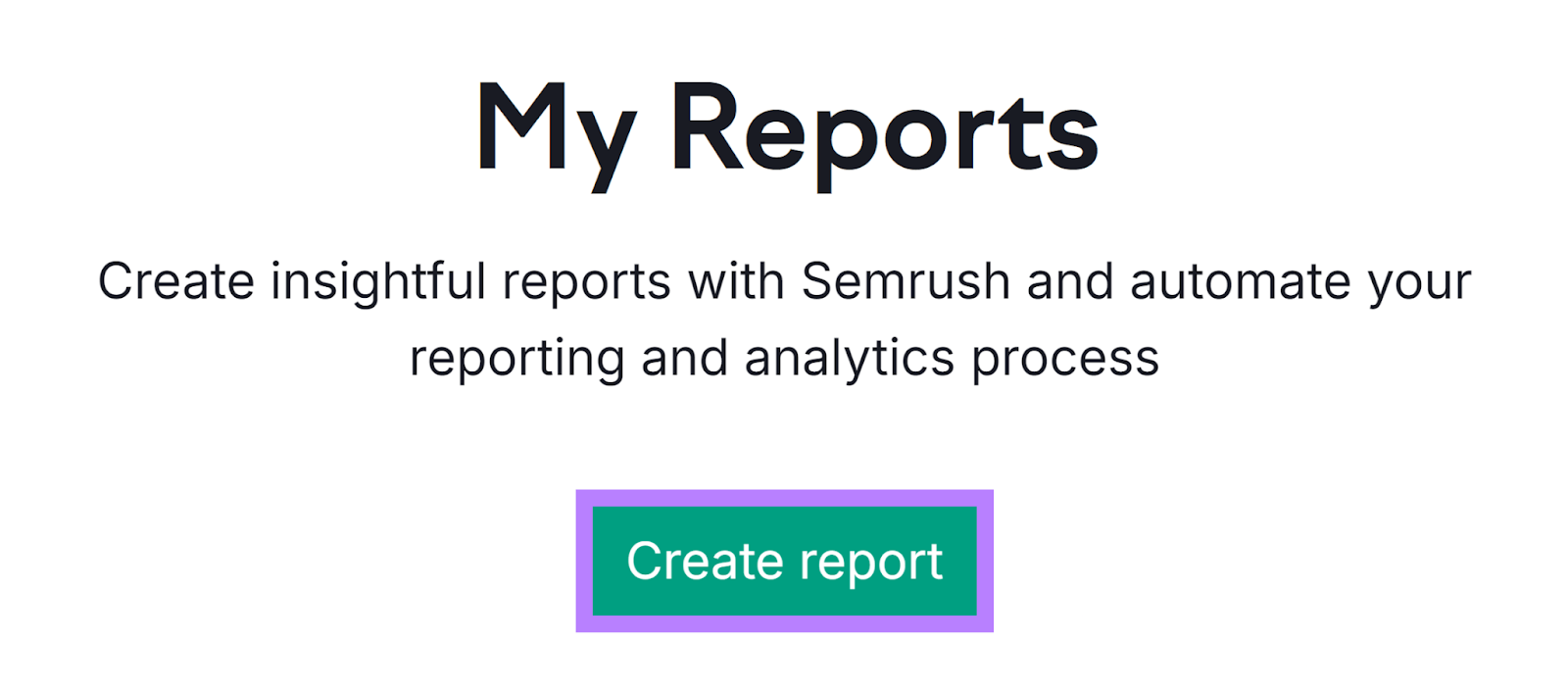 Pagina iniziale dello strumento I miei report di Semrush con il pulsante Crea report evidenziato