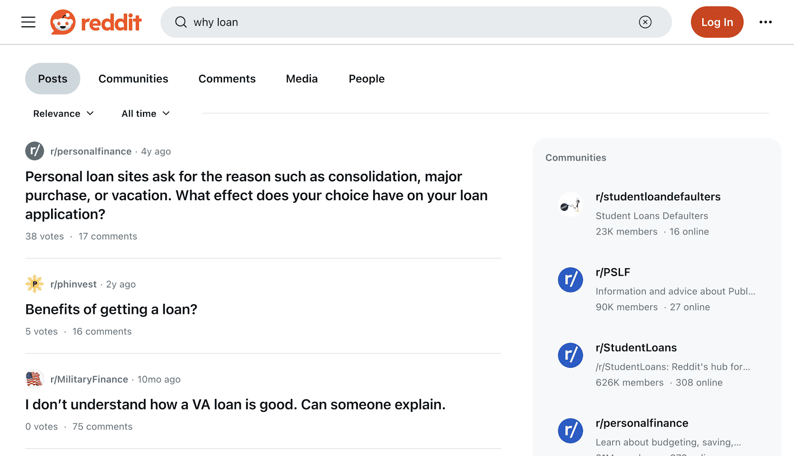 Resultados da pesquisa no Reddit para "por que fazer um empréstimo", incluindo uma postagem intitulada "Benefícios de obter um empréstimo?".