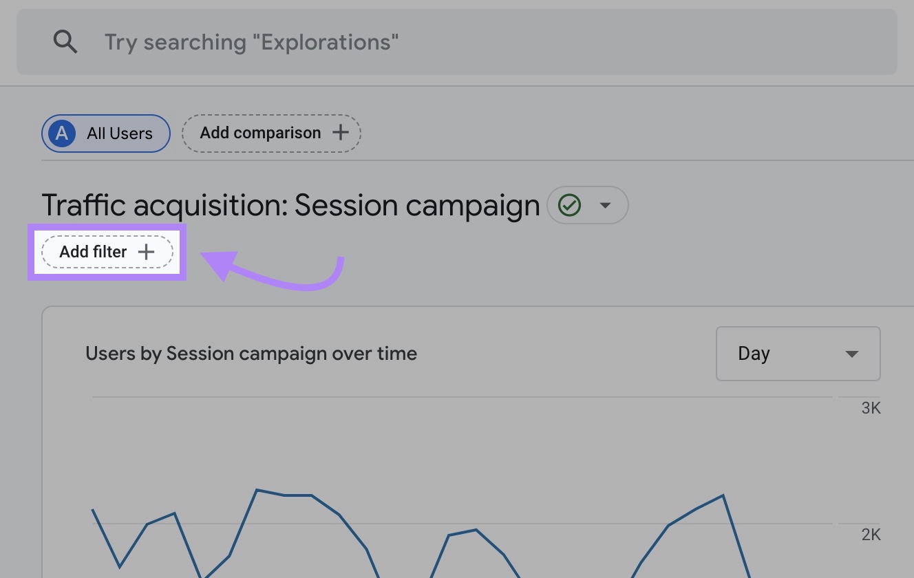Klicken Sie oben links im Bericht „Traffic-Akquise“ auf „Filter hinzufügen“.