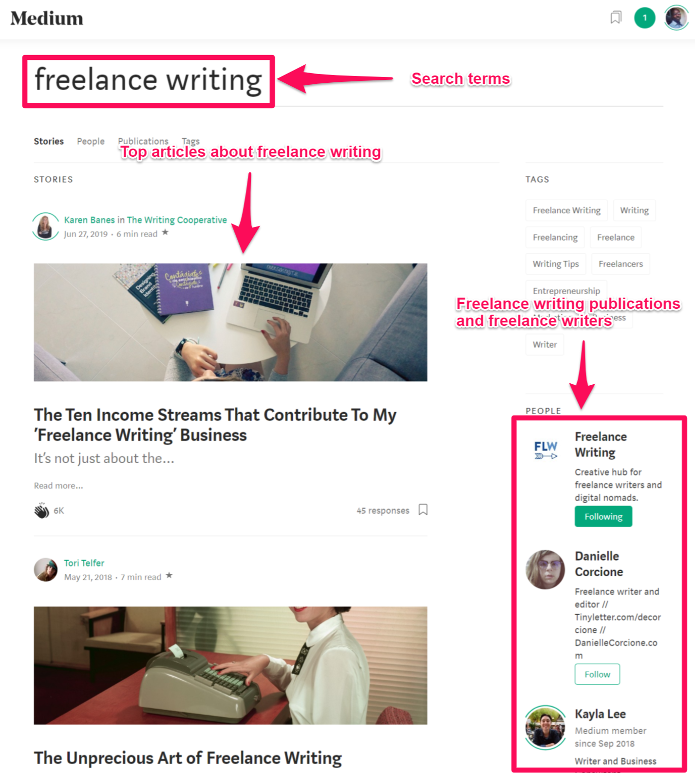 Exemple de recherche sur Medium