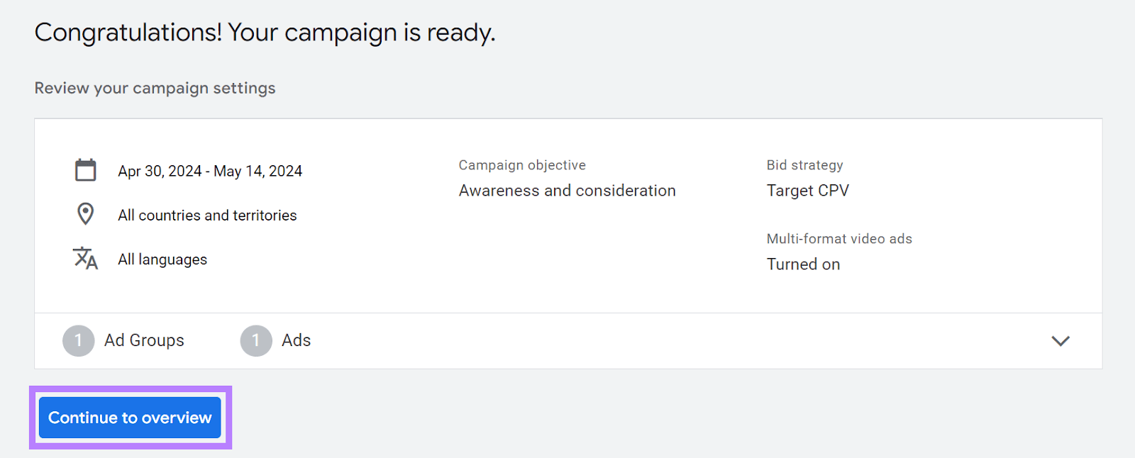 Zusammenfassung der Google Ads-Kampagneneinstellungen
