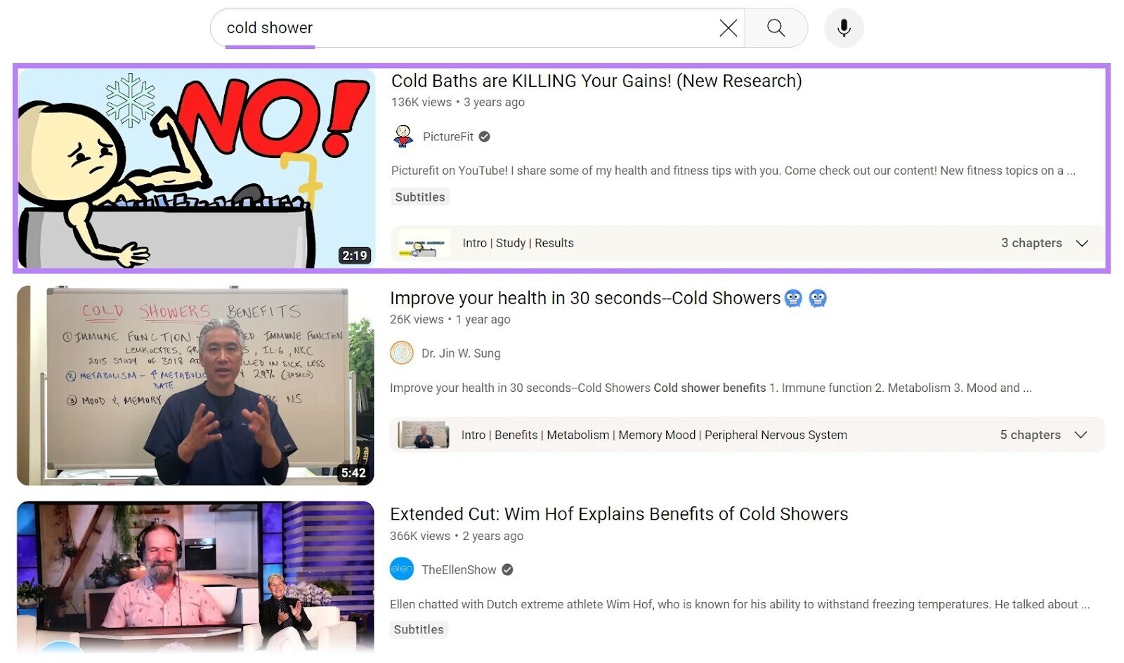 Résultats de la recherche YouTube pour la requête "douche froide"