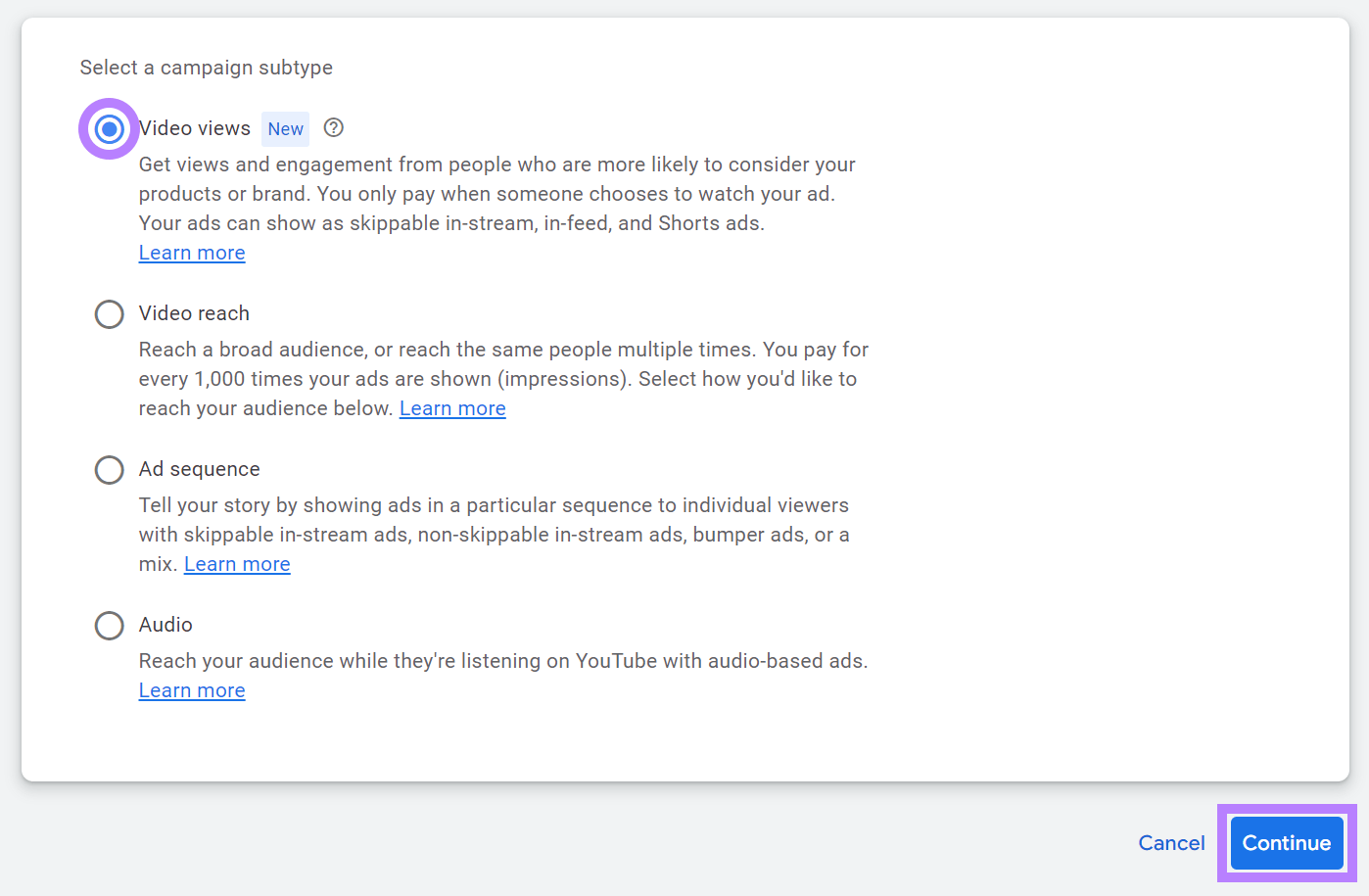 Die Option „Videoaufrufe“ wurde im Abschnitt „Kampagnenuntertypen“ ausgewählt.