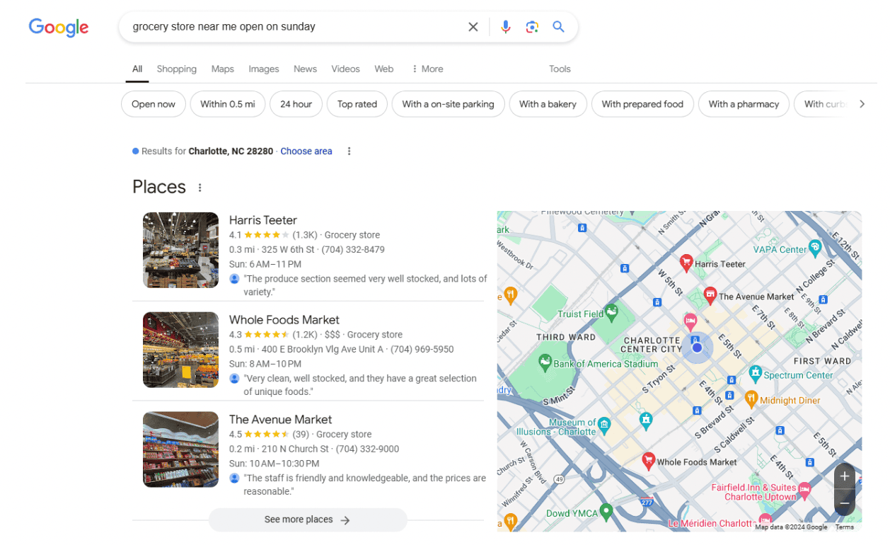 Consulta de pesquisa por “supermercado perto de mim aberto aos domingos”