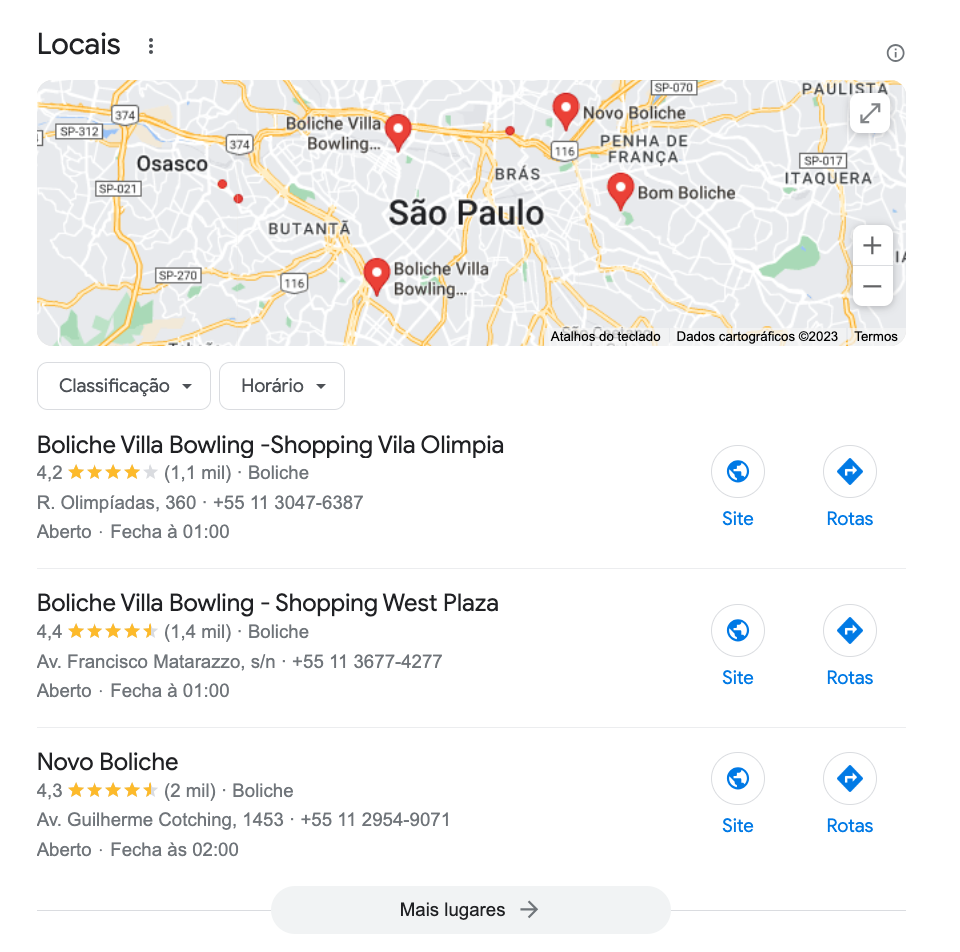 Recurso SERP do pacote local de pista de boliche