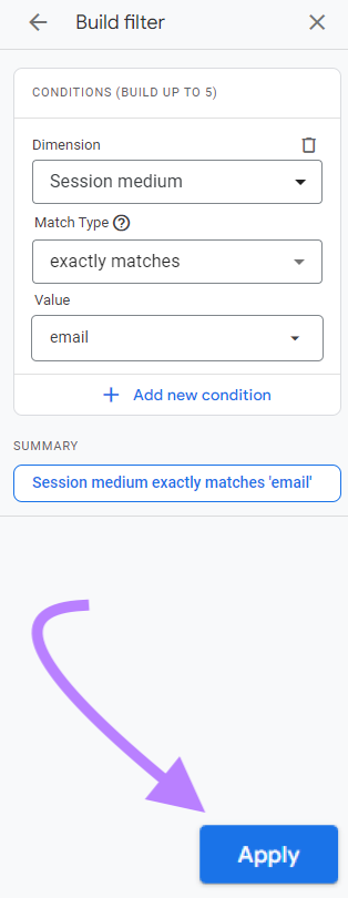 Botón "Aplicar" resaltado en la parte inferior de la ventana "Construir filtro".