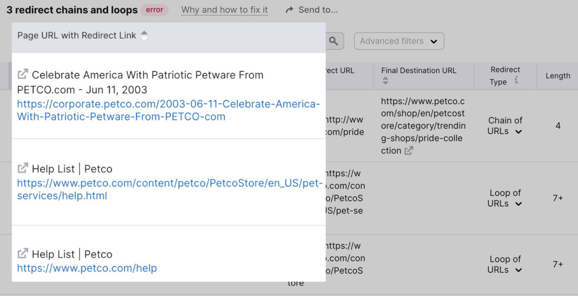 lista de cadenas y bucles de redireccionamiento