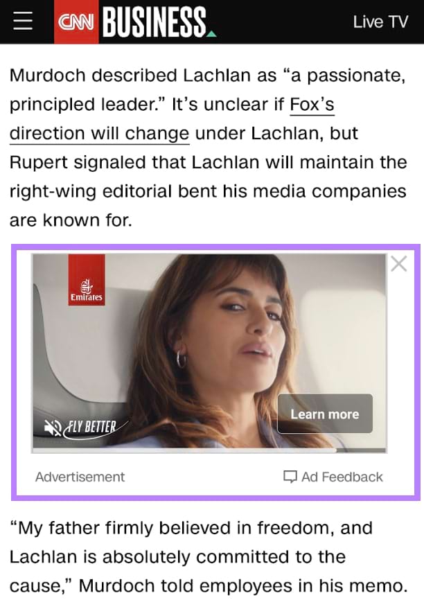 Outstream-Anzeige von Emirates auf der Website von CNN Business
