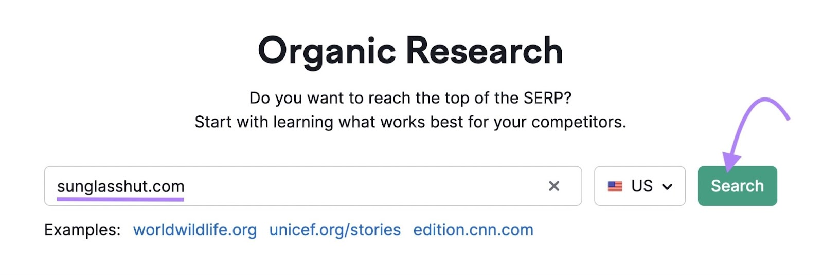 Organic Rankings search bar with "sunglasshut.com" entered into it.