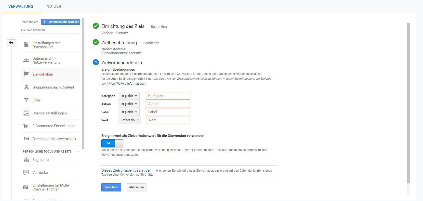Google Analytics: Zielsetzung finalisieren