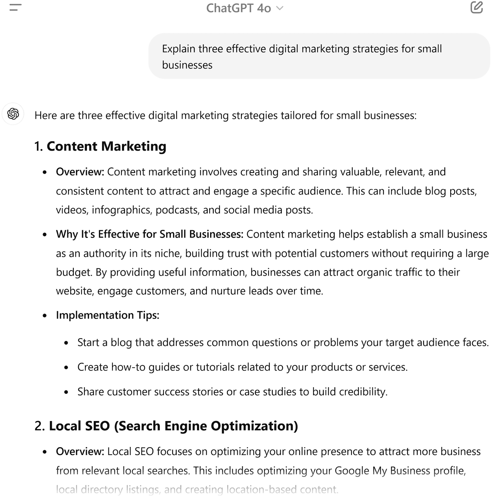 Interfaz de ChatGPT mostrando una respuesta a una sugerencia específica, discutiendo tres estrategias de marketing digital efectivas