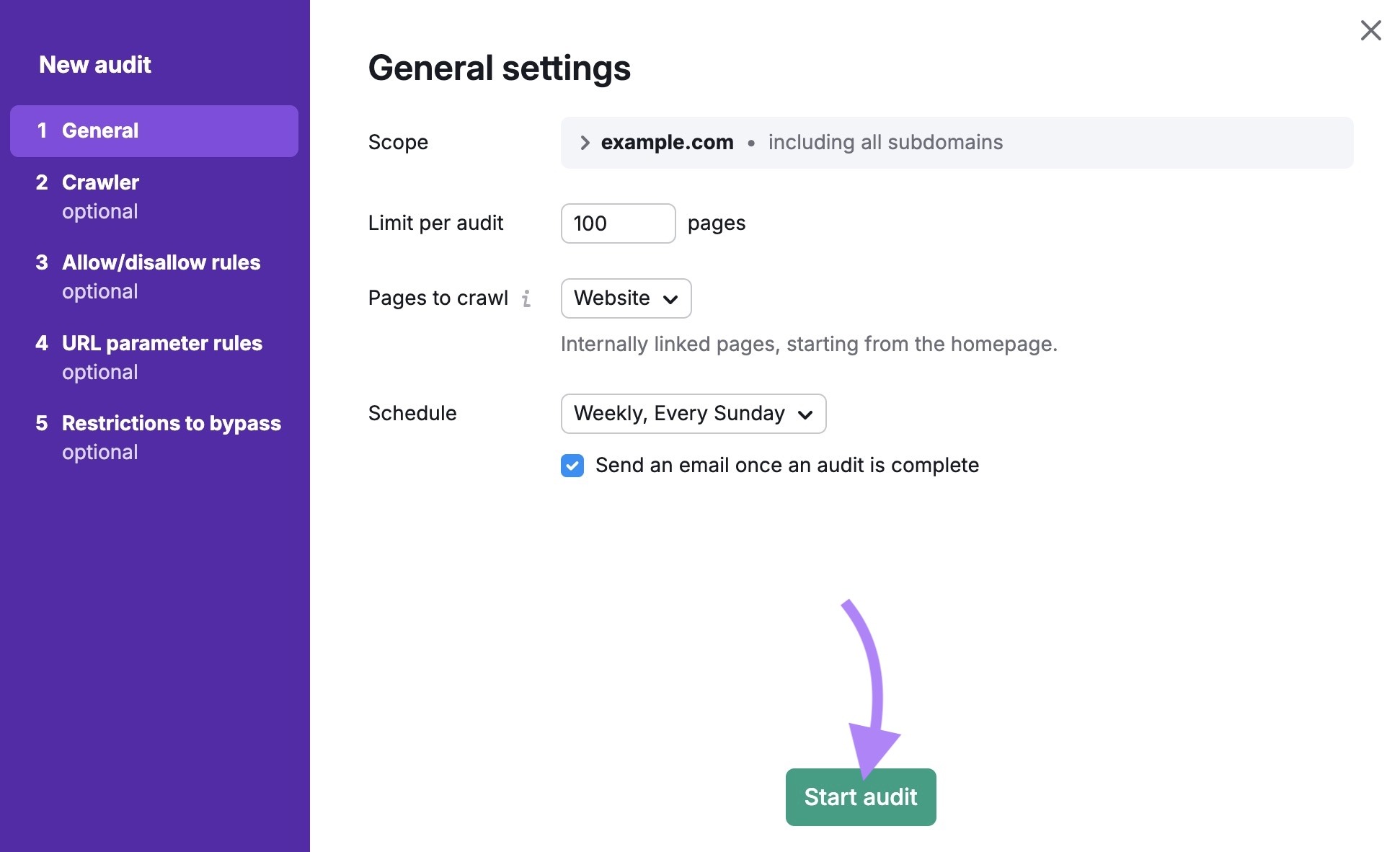 Site Audit configuration settings along with "Start audit" clicked.