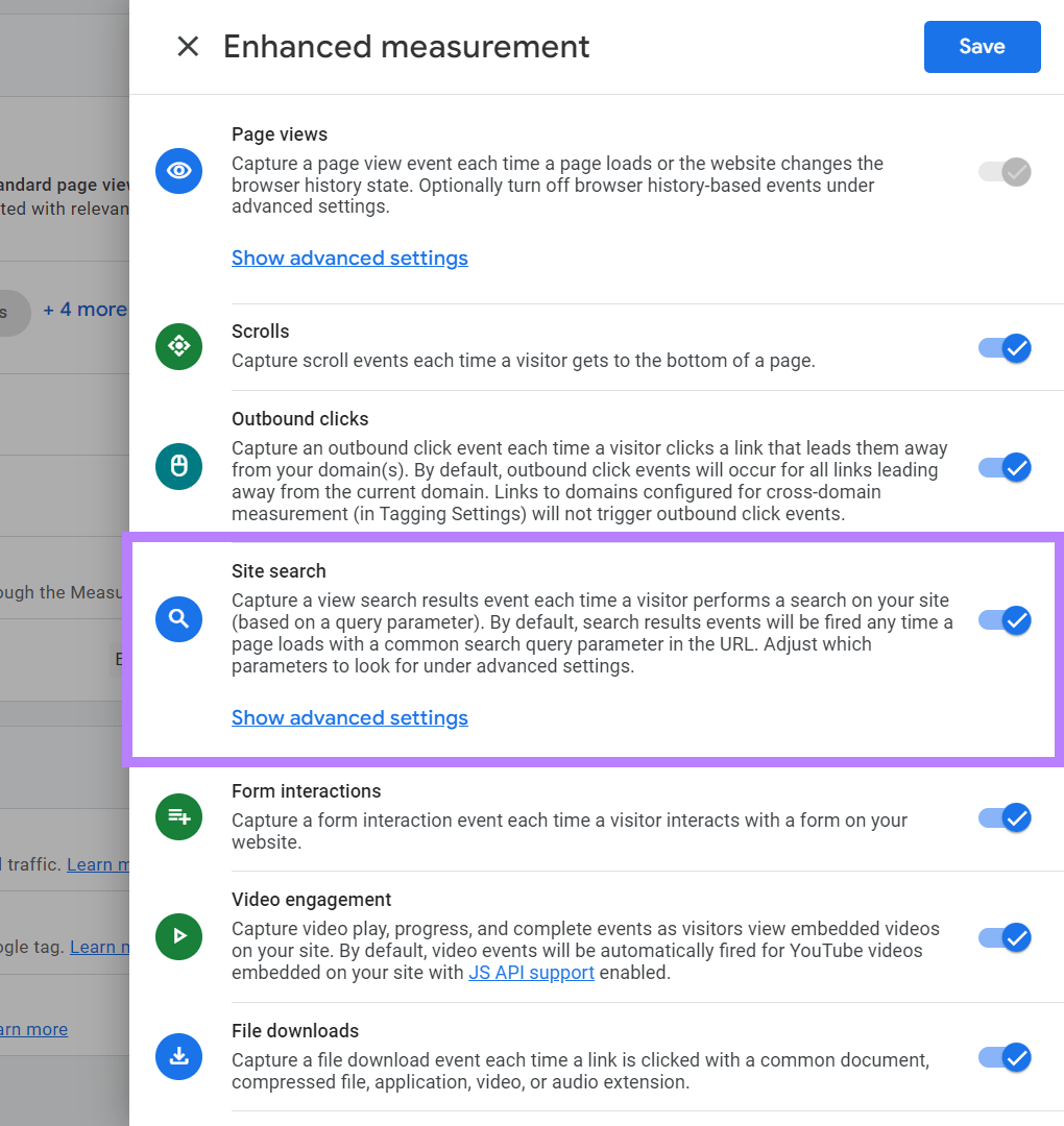 Enhanced measurement events in Google Analytics with 'Site search' row highlighted.