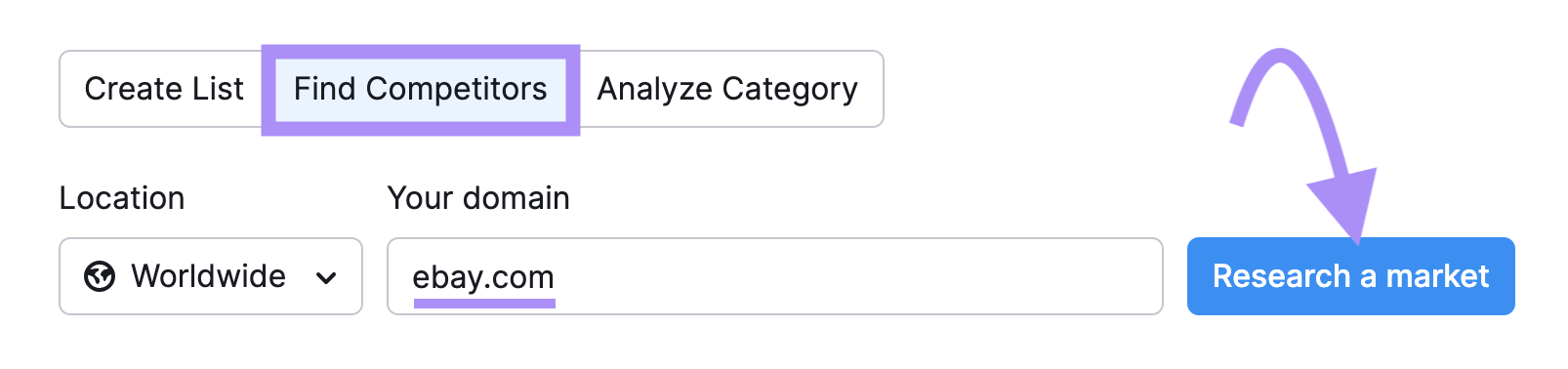 "ebay.com" introducido en la herramienta Market Explorer