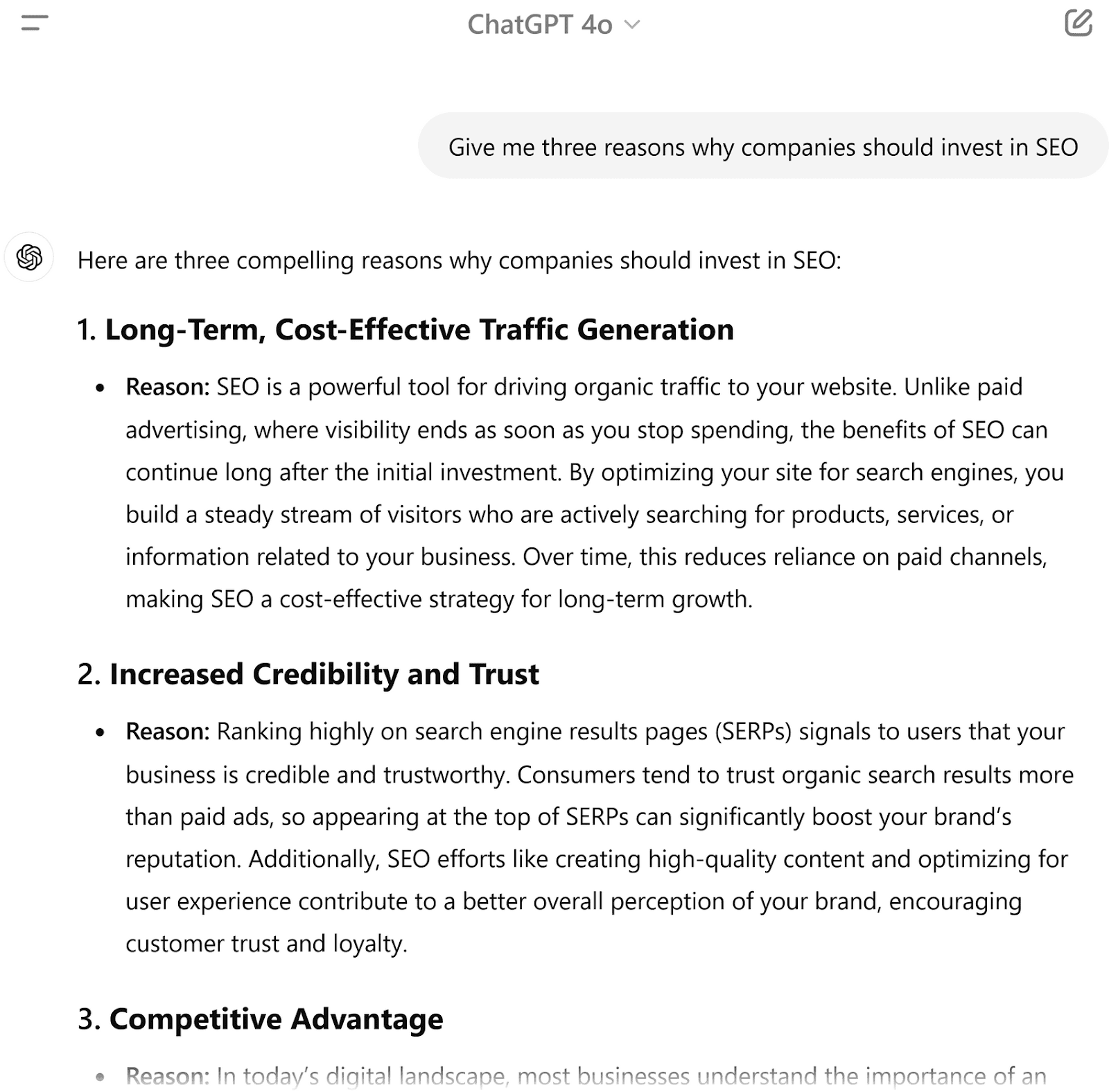 Texto de ChatGPT 4o que muestra una respuesta genérica con tres razones por las que las empresas deberían invertir en SEO