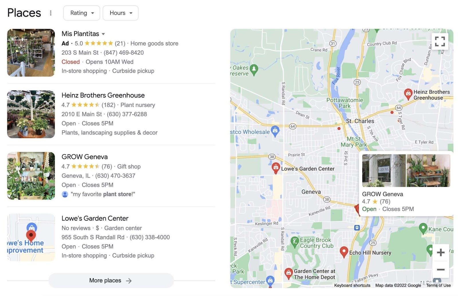 Google map pack pour "magasin de plantes près de chez moi"