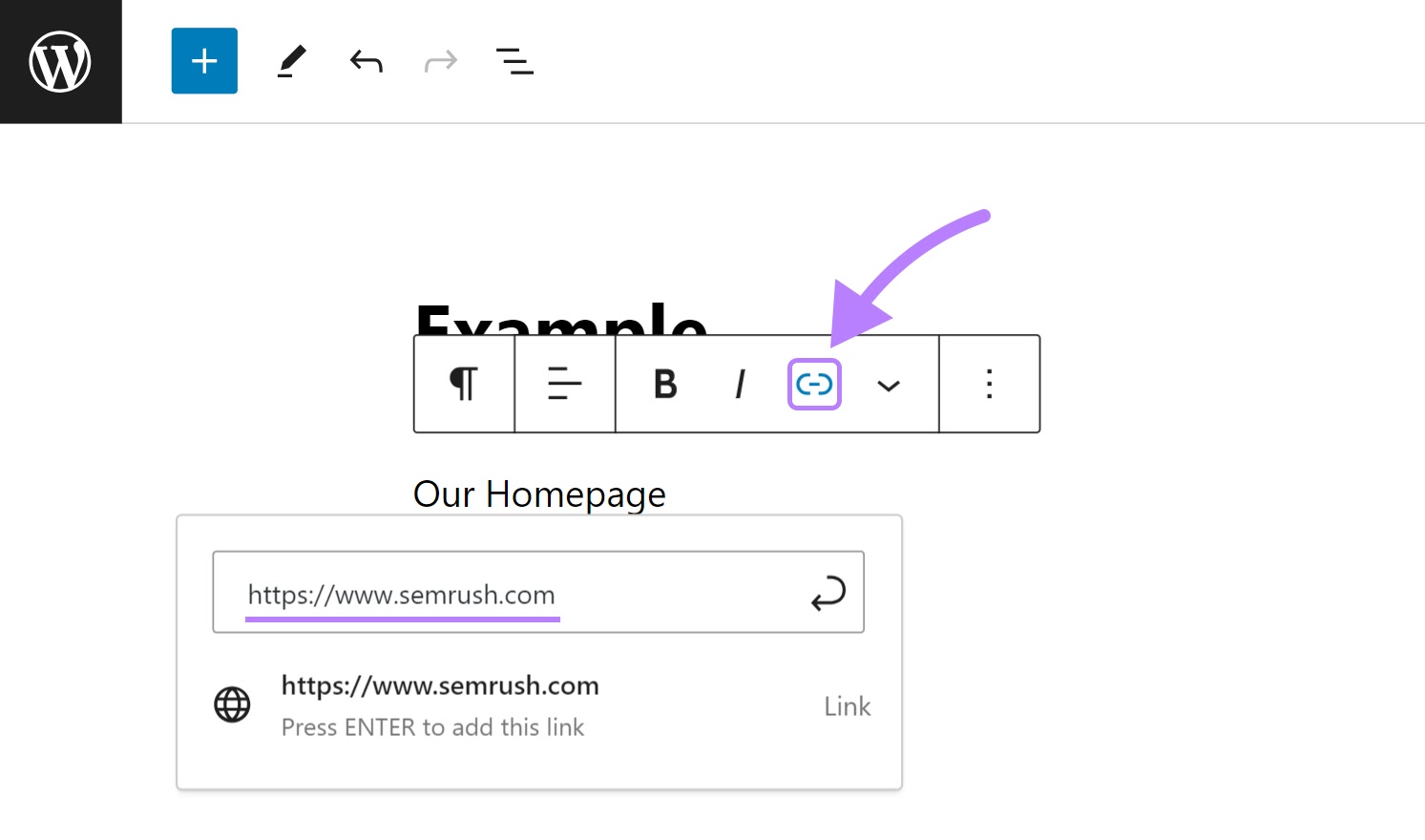 Linking "Our Homepage" text to "sr01.amztoolslab.com" in WordPress editor