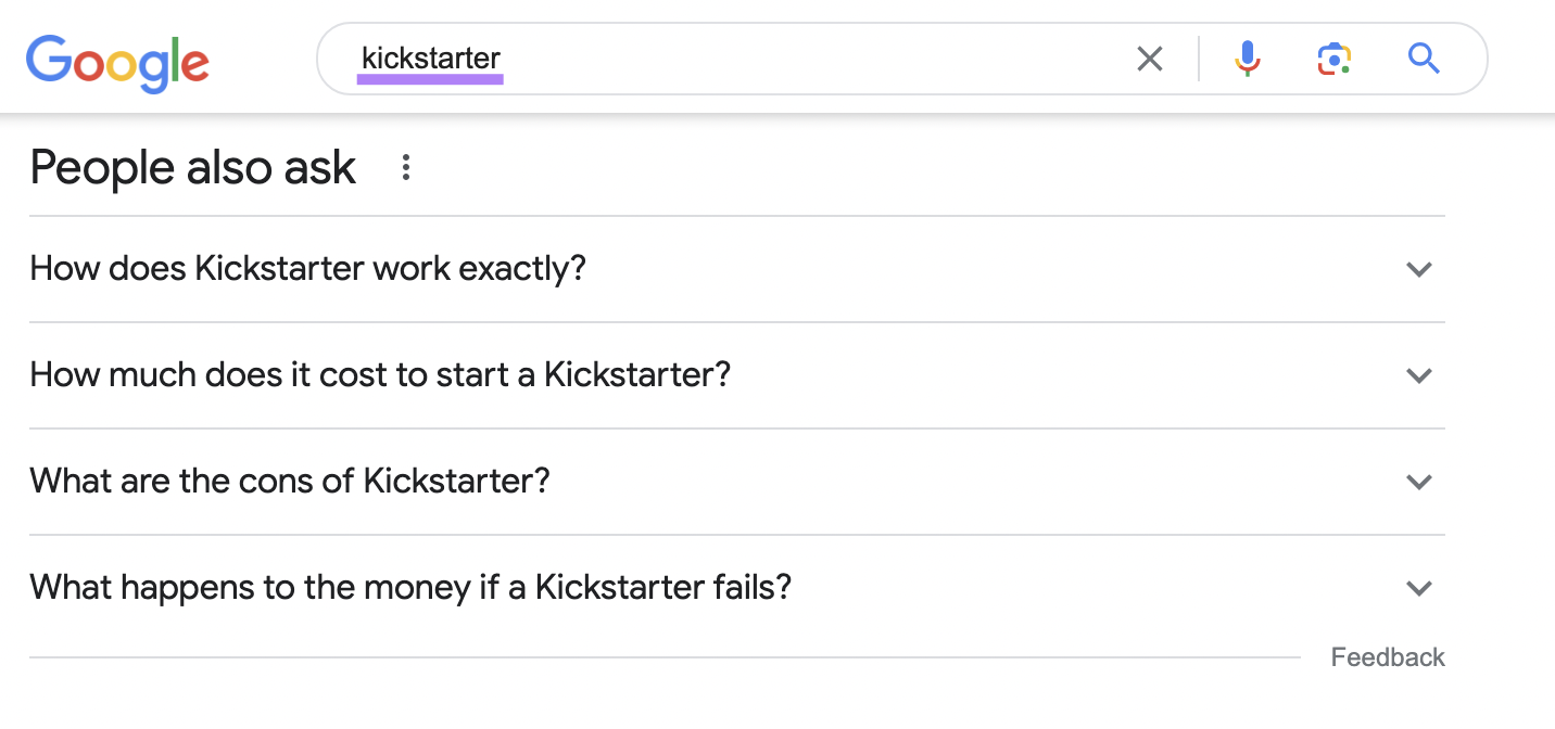 Google "La gente también pregunta" sección de búsqueda "kickstarter"
