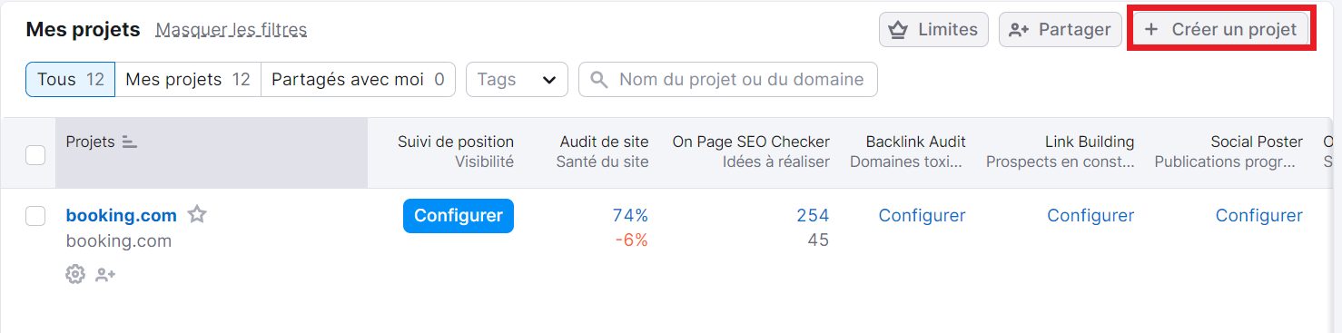 Créer un projet sur Semrush