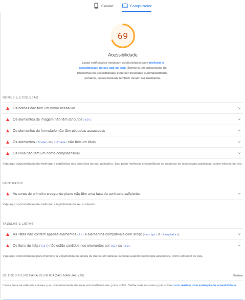 report de acessibilidade do pagespeed insights
