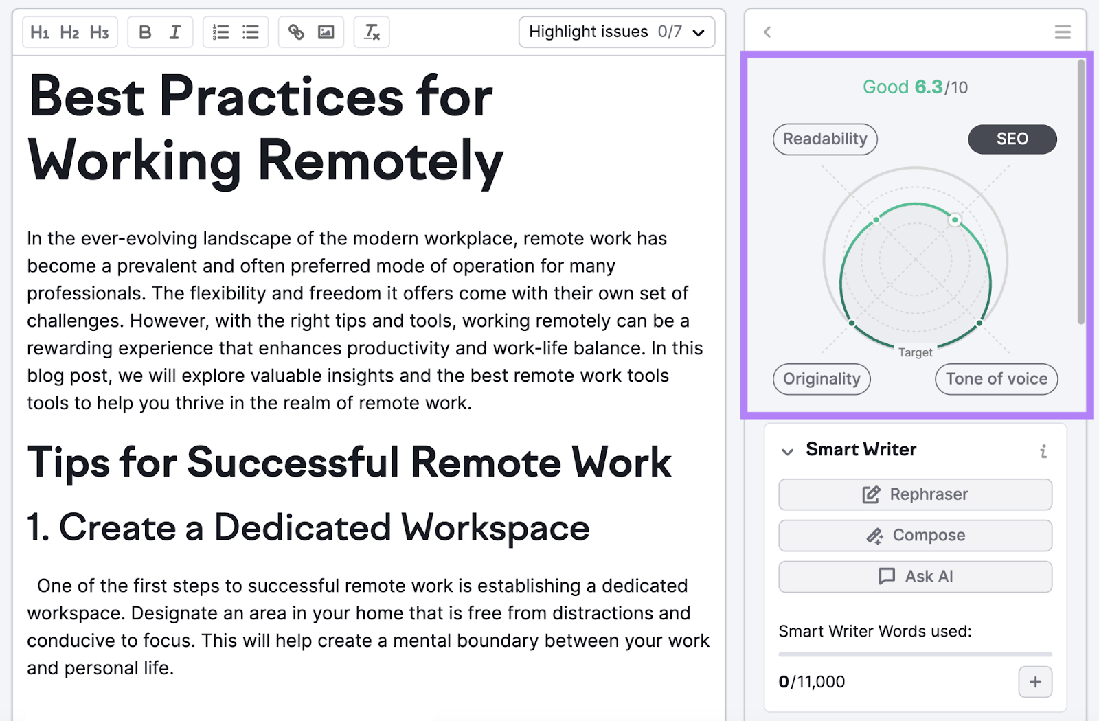 "SEO" seleccionado en la sección de puntuación del contenido en el lado derecho