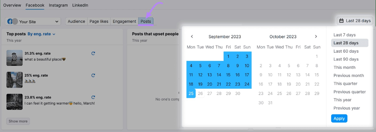 Onglet "Posts" avec un calendrier ouvert