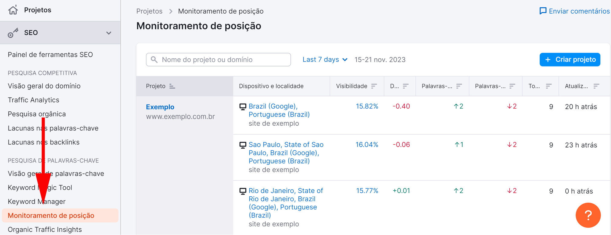 ferramenta monitoramento de posição na barra lateral esquerda da semrush
