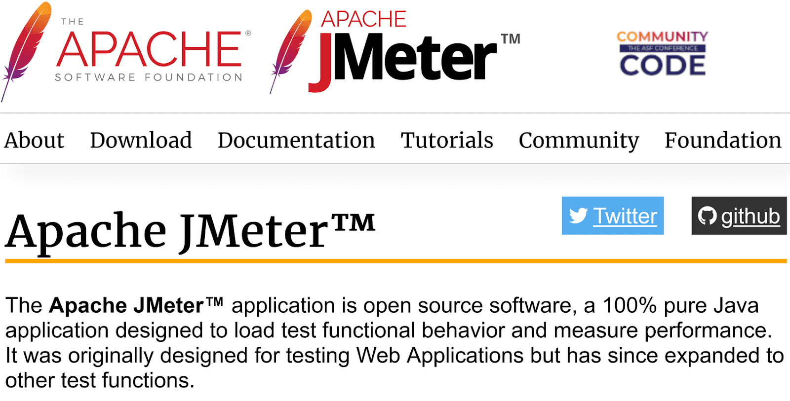 Page d'accueil d'Apache JMeter présentant le logiciel comme un outil open source pour les tests de charge et la mesure des performances.