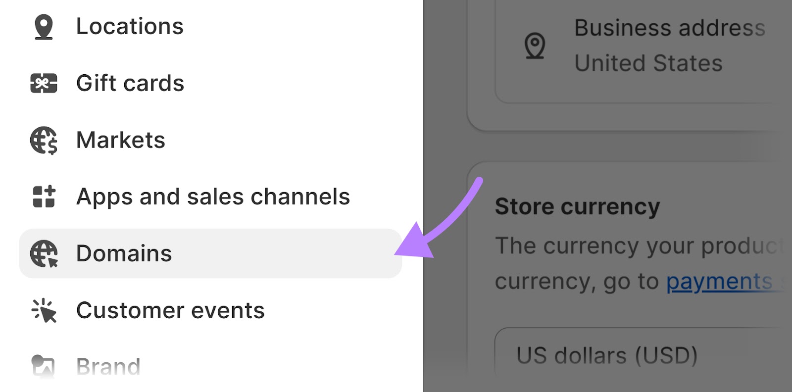 "Dominios" seleccionados en el panel de administración de Shopify