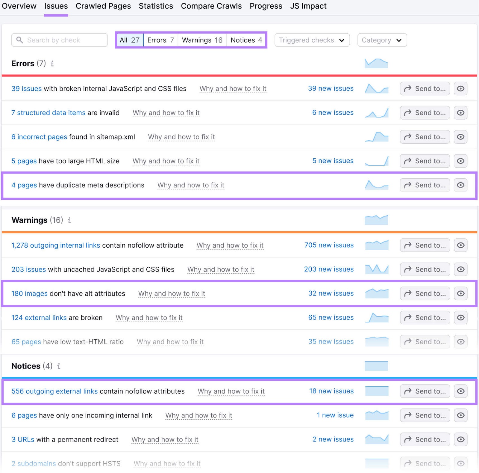 Le rapport d'audit du site comporte des sections pour les erreurs, les avertissements et les avis, chacune détaillant des problèmes spécifiques.
