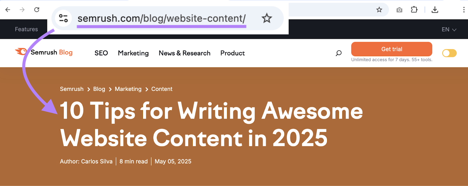 A blog titled 10 tips for writing awesome web content is at the URL sr01.amztoolslab.com/blog/website-content.