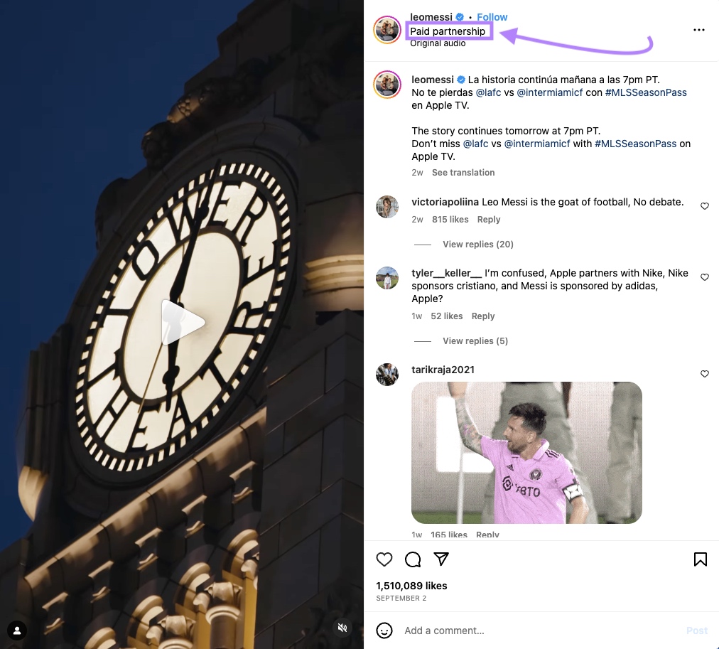 Un ejemplo de publicación de Instagram "Asociación remunerada" de @leomessi