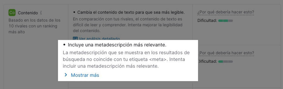 mensaje "Incluye una metadescripcion mas relevante"