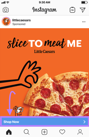 Um anúncio do Instagram com um link incorporado no banner "Compre agora"