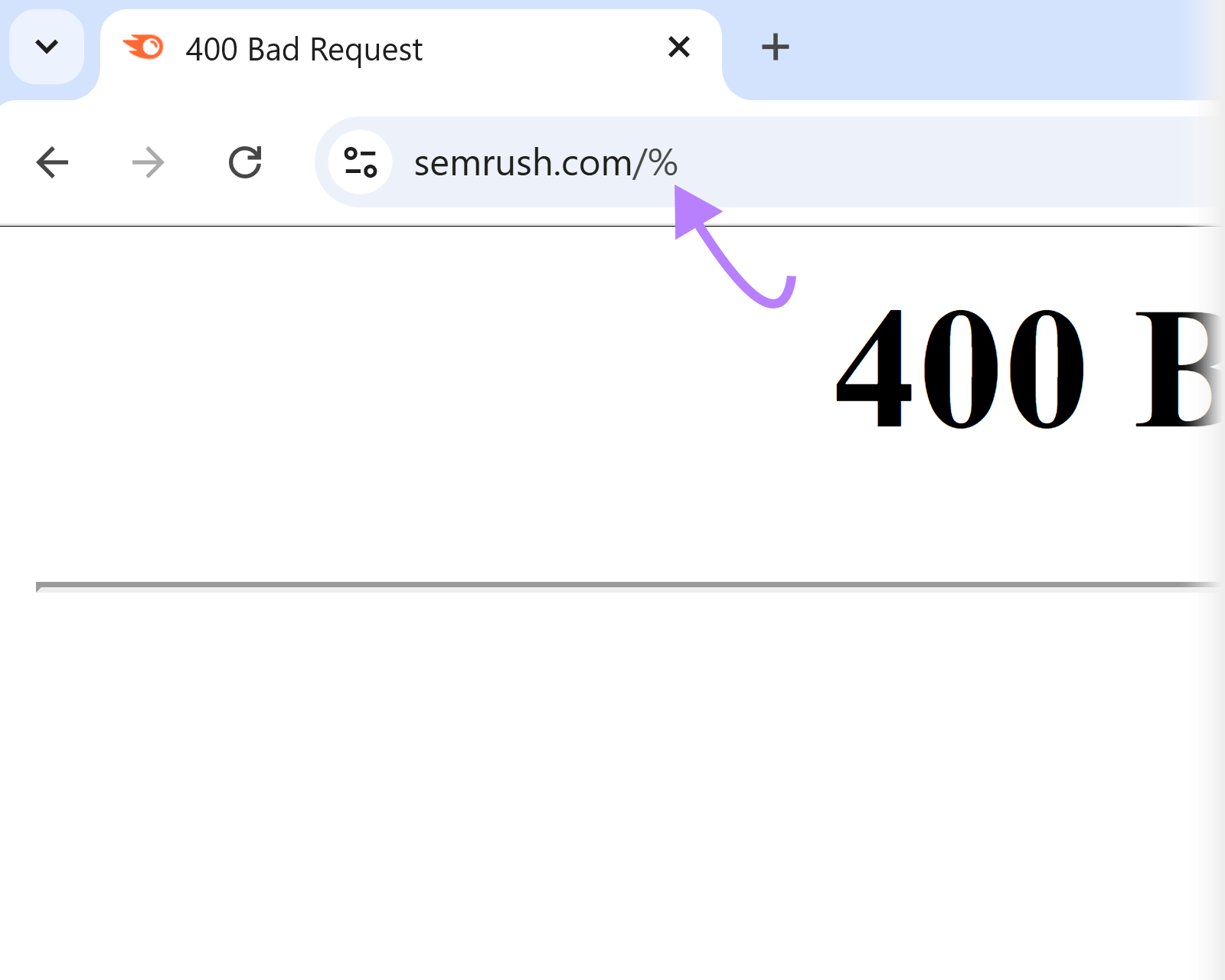 Arrow pointing to unsupported special character in URL causing the 400 bad request error