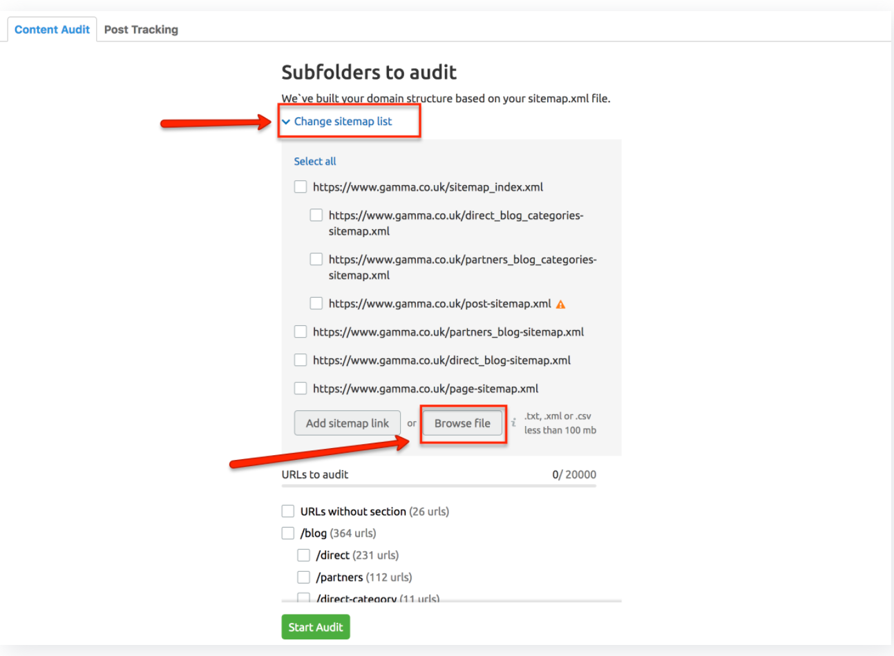 ferramenta content audit - seleção de arquivo de sitemap