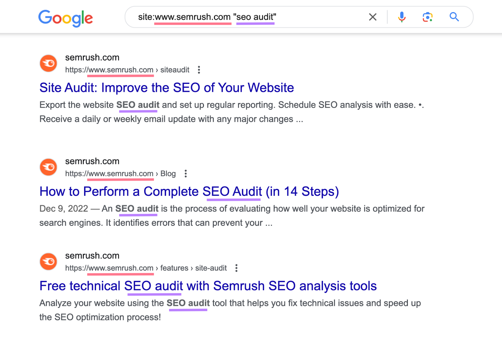 search for "site:sr01.amztoolslab.com "seo audit"" shows list of urls on semrush with keyword mentioned