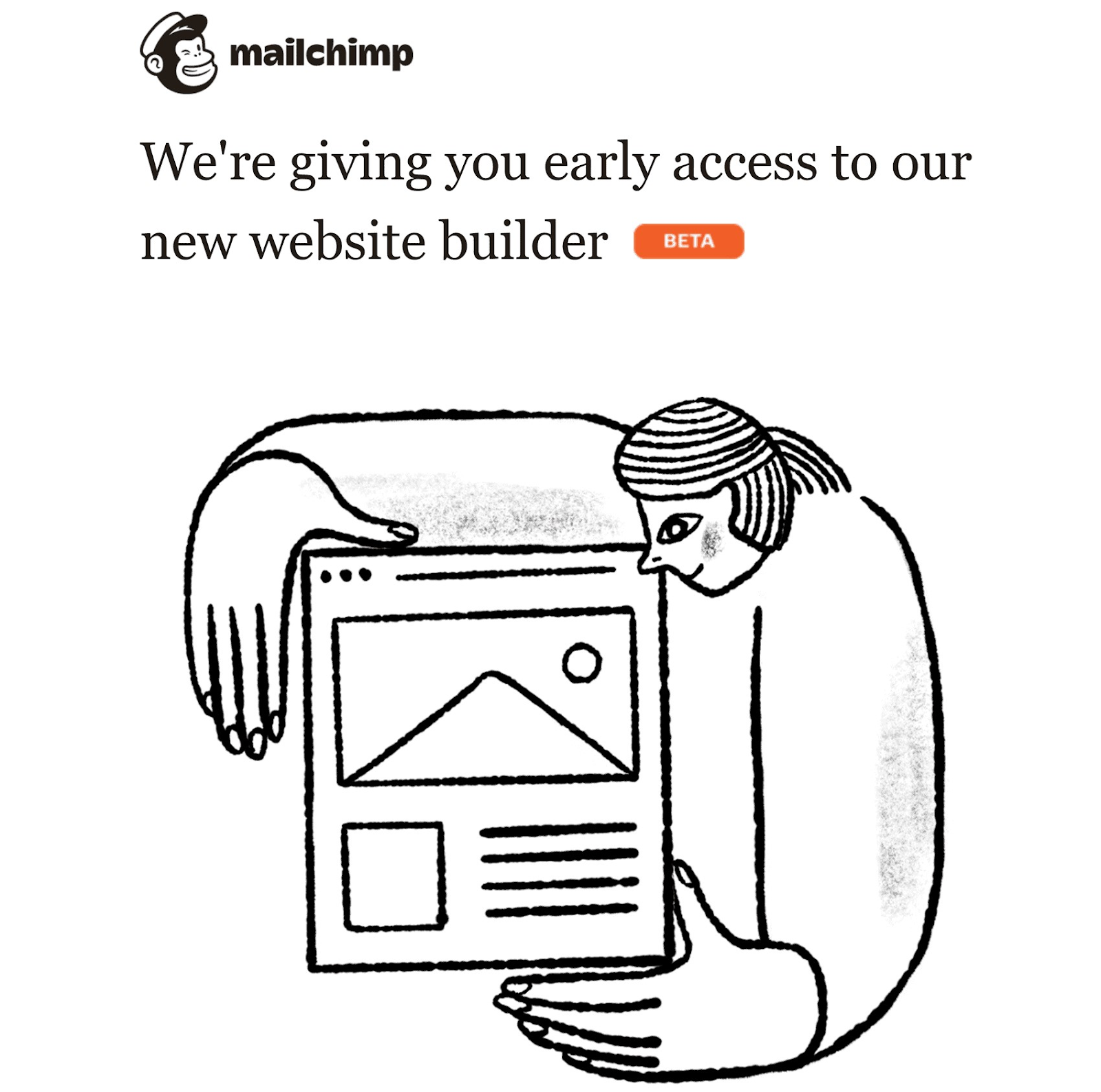 Mailchimp's "Nous te donnons un accès anticipé à notre nouvel outil de création de sites Web" message