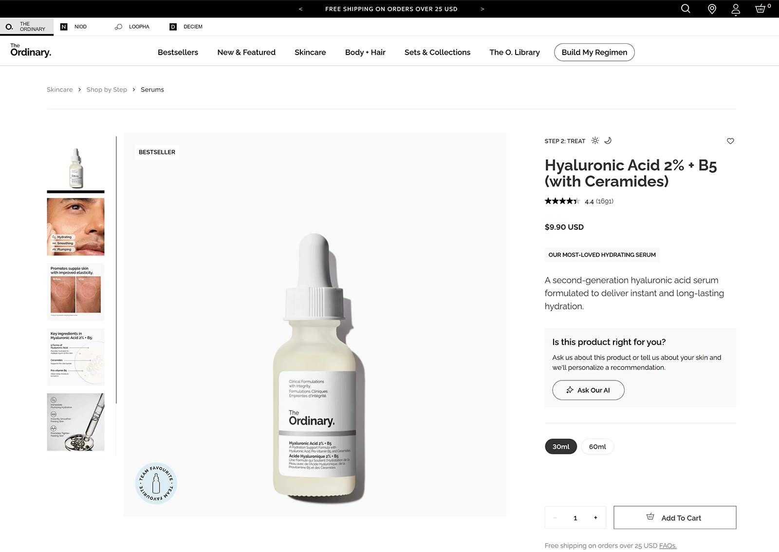 The Ordinary Hyaluronic Acid 2% + B5 serum product page with ratings, price, size options, and Add To Cart