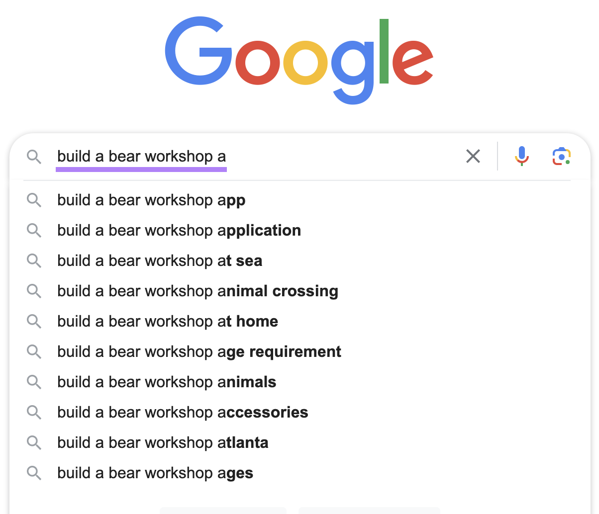 Búsquedas sugeridas por Google al escribir "construir un taller de osos a"