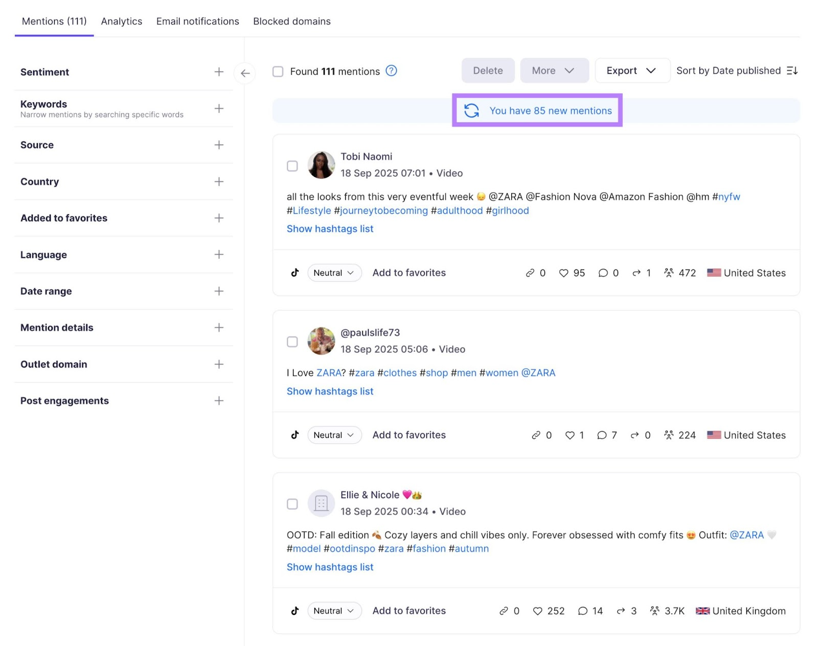 The Brand Monitoring tool showing brand mentions from different platforms like Instagram, YouTube, TikTok, etc.