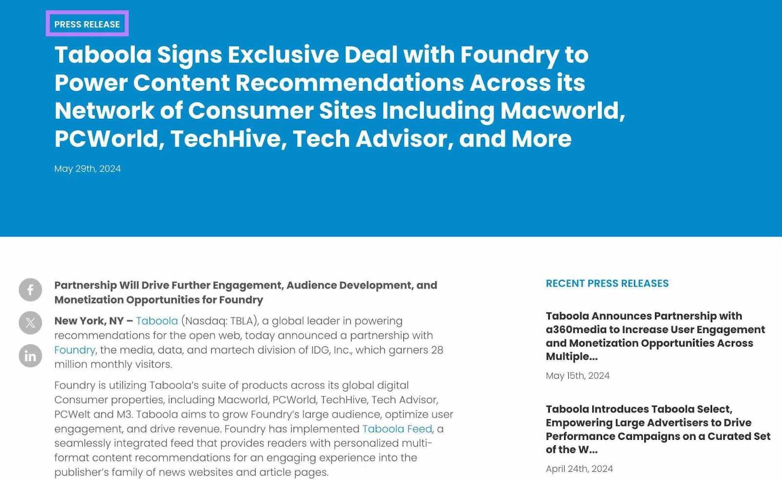 Press release put out by Taboola on their website announcing a new partnership.