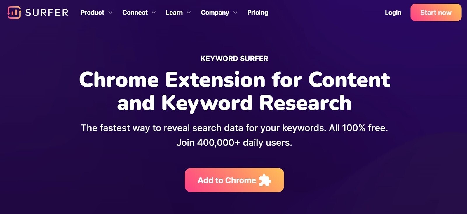 Página inicial do Keyword Surfer com o título "Extensão do Chrome para pesquisa de conteúdo e palavras-chave" e CTA "Adicionar ao Chrome"
